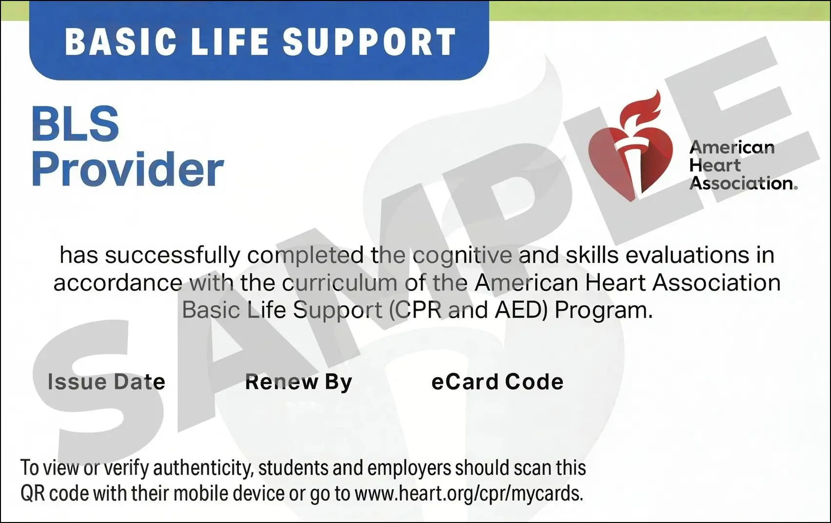 Sample American Heart Association AHA BLS CPR Card Certification from CPR Certification Pasadena